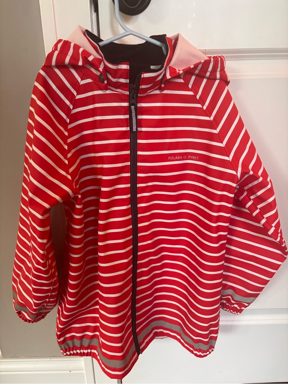 Polarn O. Pyret Red and White Striped Hooded Raincoat